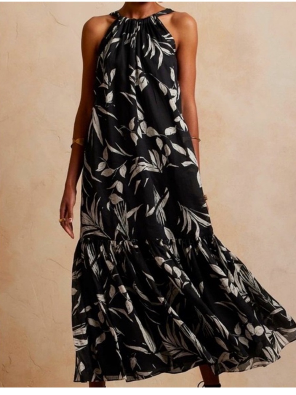 Banana Republic Black Maxi Dress with White Leaf Print